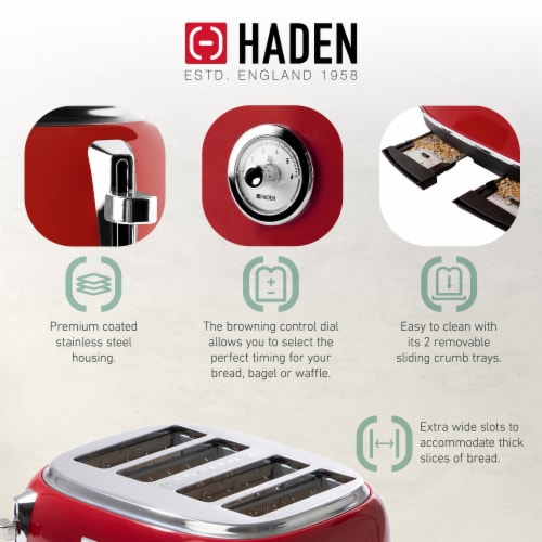 Haden Dorset 1.7 Liter Stainless Steel Countertop Electric Tea Kettle with  4 Slice Wide Slot Stainless Steel Bread Bagel Toaster, Red