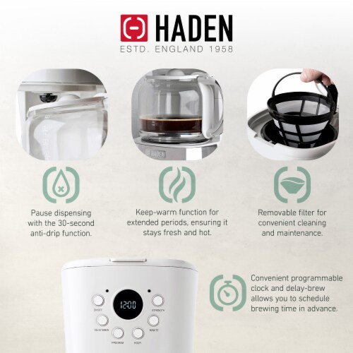Haden 12 Cup Coffee Maker with 2 Slice Wide Stainless Steel Bread Toaster, White Perspective: bottom