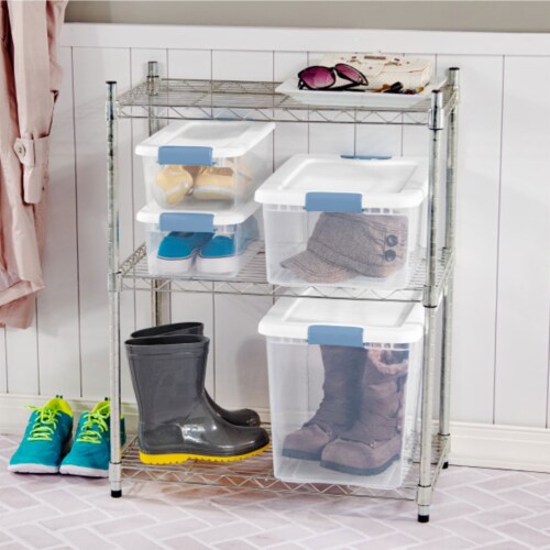 Sterilite 25 Quart Capacity Clear Plastic Storage Tote Bins with Lids, (18 Pack) Perspective: bottom