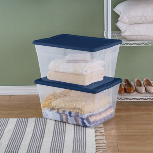 Sterilite Stackable 56 Quart Storage Tote, Clear with Marine Blue Lid (32 Pack) Perspective: bottom