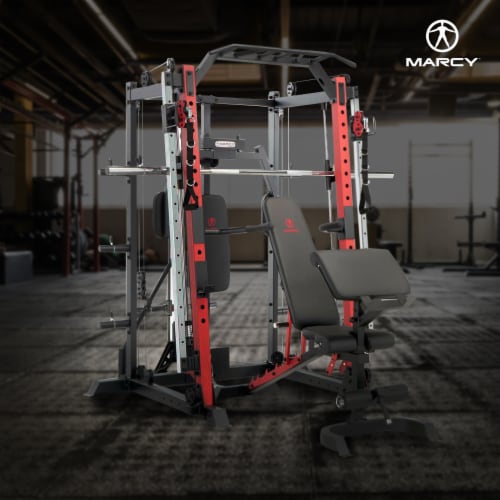 Marcy SM 4033 Smith Machine Cage Multi Purpose Home Gym Training System Red 5 Piece QFC