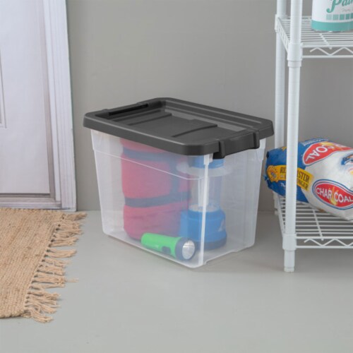Sterilite 30 Qt Clear Plastic Stackable Storage Bin w/ Grey Latch Lid, 24 Pack Perspective: bottom