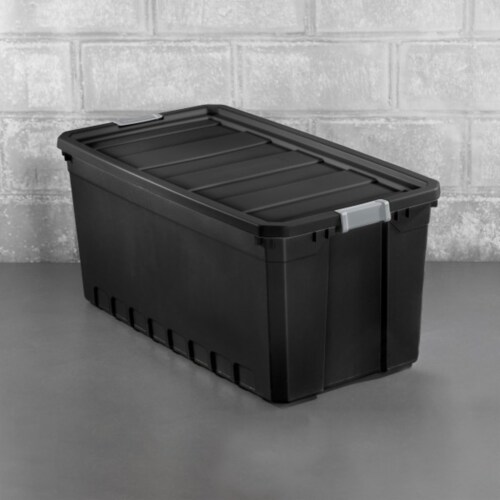 Sterilite 50 Gal Rugged Industrial Stackable Storage Tote w/ Lid, Black, 12  Pack, 1 Piece - Baker's