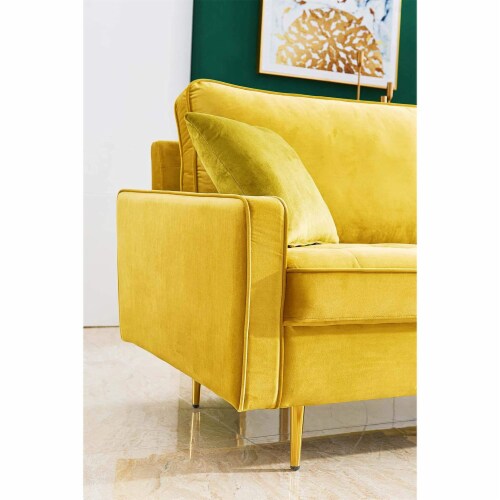 JULYFOX Mid Century Modern Button Tufted Velvet Loveseat Sofa Couch, Yellow Perspective: bottom