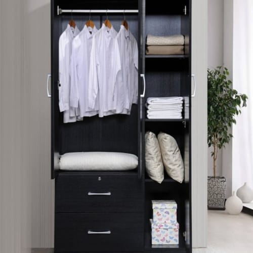 Hodedah Import 3 Door Armoire with Clothing Rod, Shelves, and 2 Drawers, Black Perspective: bottom