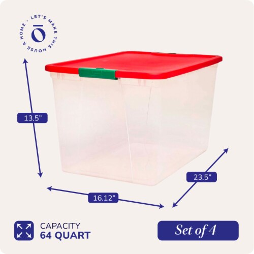 Homz 64 Qt Secure Latch Clear Plastic Storage Container Bin w/ Red Lid, 4 Pack Perspective: bottom