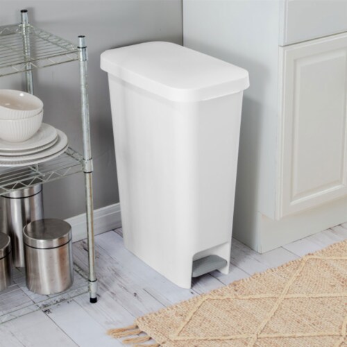 Sterilite 11 Gal. Slim Hands Free Portable Wastebasket Trash Can, White (8 Pack) Perspective: bottom