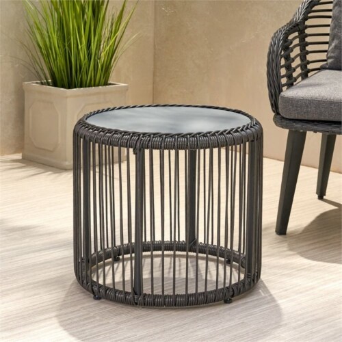 Noble House Pabrico Outdoor Tempered Glass Top Wicker Side Table in Gray Perspective: bottom