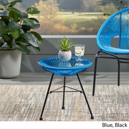 Noble House Nusa Outdoor Tempered Glass Top Faux Rattan Side Table in Blue Perspective: bottom