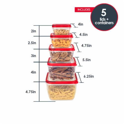 Home Basics 5 Piece Spill-Proof Square Plastic Food Storage Container, Red Perspective: bottom