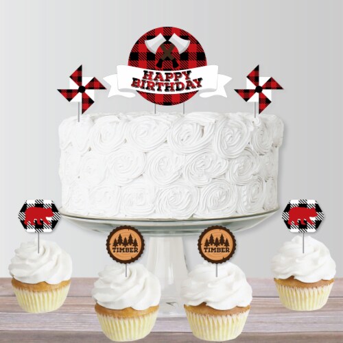 Big Dot of Happiness Lumberjack Channel The Flannel Birthday Decor Kit Cake Topper Set 11 Pc Perspective: bottom