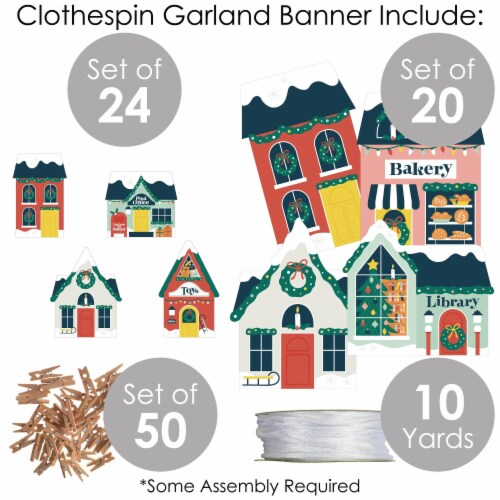Big Dot of Happiness Christmas Village Holiday Winter Houses Clothespin Garland Banner 44 Pc Perspective: bottom