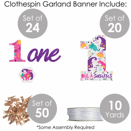 Big Dot of Happiness 1st Birthday Roar Dinosaur Girl Decor Clothespin Garland Banner 44 Pc Perspective: bottom