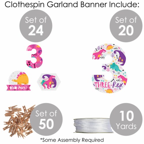 Big Dot of Happiness 3rd Birthday Roar Dinosaur Girl Party Clothespin Garland Banner 44 Pc Perspective: bottom