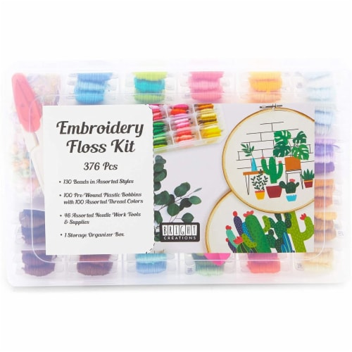 Embroidery Floss Kit for Beginners with Bobbins, Beads, Ribbons, Tools (376 Pieces) Perspective: bottom