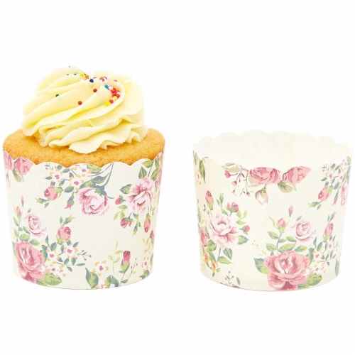 50-Pack Muffin Liners - Vintage Floral Cupcake Wrappers Paper Baking Cups Perspective: bottom