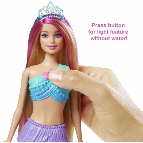 Mermaid Dreamtopia Barbie Doll with Water-Activated Twinkle Light-Up Tail Pink Streak Hair Perspective: bottom
