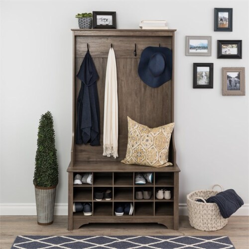 Pemberly Row Wide Hall Tree with Shoe Storage in Drifted Gray Perspective: bottom