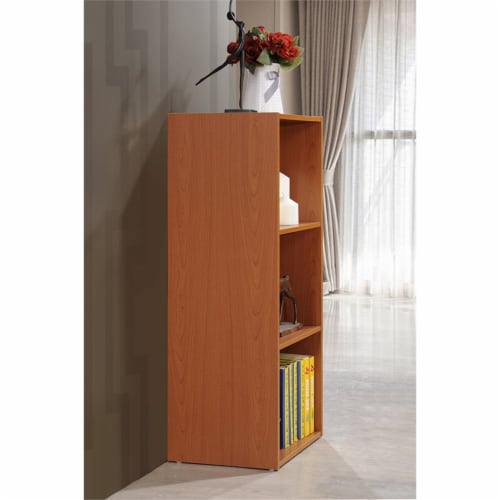 Pemberly Row Three Shelf Wooden Bookcase in Cherry Finish Perspective: bottom