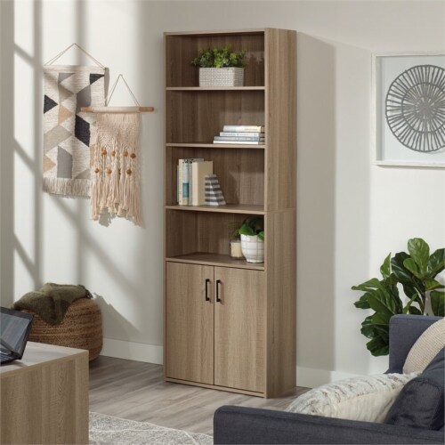 Pemberly Row Modern 4-Shelf Wood Bookcase with Doors in Summer Oak Perspective: bottom