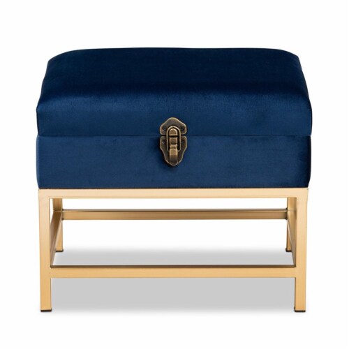 Bowery Hill Navy Blue Fabric and Gold Finished Metal Ottoman Perspective: bottom