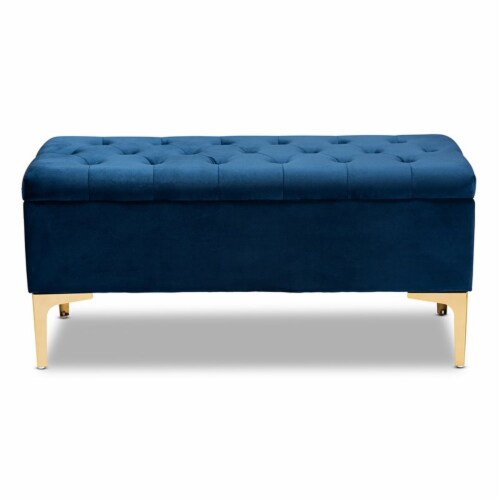 Bowery Hill Navy Blue Velvet Gold Button Tufted Storage Ottoman Perspective: bottom