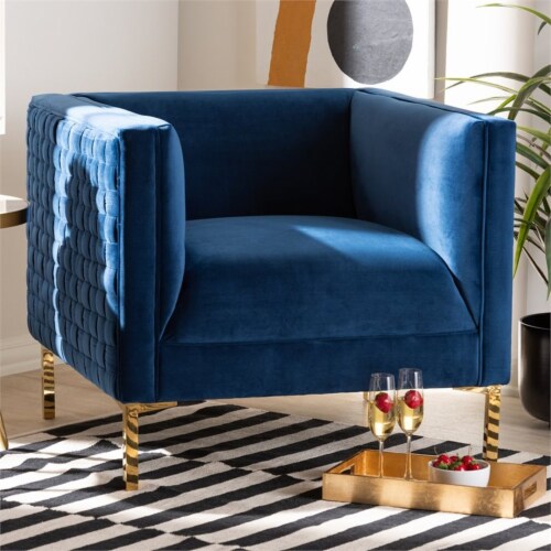 Bowery Hill Navy Blue Velvet Gold Finished Armchair Perspective: bottom
