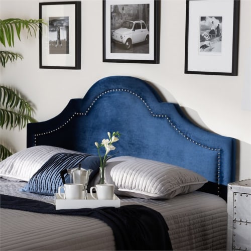 Bowery Hill Modern Velvet and Wood Full Headboard in Navy Blue 1