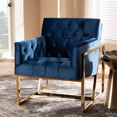 Bowery Hill Navy Velvet Upholstered Gold Finished Lounge Chair Perspective: bottom