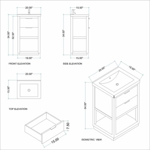 Maklaine 20  Single Sink Vanity in White Perspective: bottom