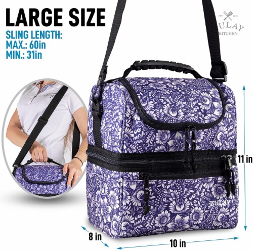 Insulated 2-Compartment Lunch Box Bag with Strap - Indigo Flowers