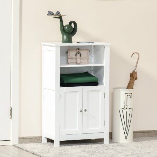 Bathroom Linen Storage Cabinet Freestanding Cupboard w/ Doors, Shelves, White Perspective: bottom