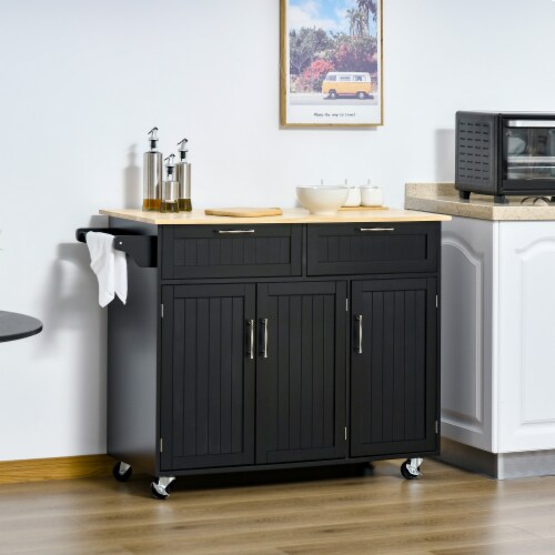 48  Kitchen Island Utility Rolling Cart w/ 2 Storage Drawers & 3 Cabinets, Black Perspective: bottom