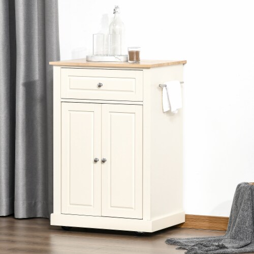 Modern Rolling Kitchen Island Storage Cart w/ Drawer & Adjustable Shelf, White Perspective: bottom