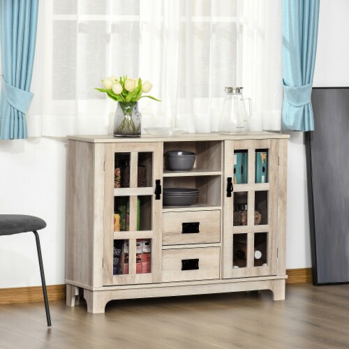 Modern Sideboard Storage Kitchen Cabinet Buffet Server w/ Glass Doors, White Oak Perspective: bottom