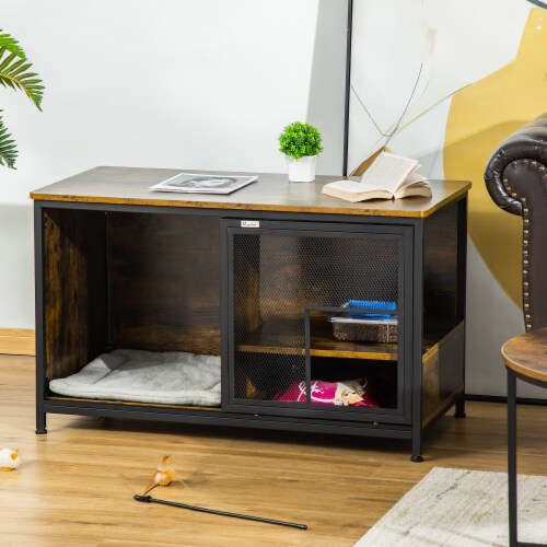 Wooden Cat House End Table, Elevated Kennel Pet Bed w/ Cushion, Rustic Brown Perspective: bottom