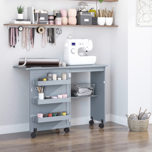 Folding Sewing Table Rolling Utility Work Station & Side Desk w/ Storage Bins Perspective: bottom