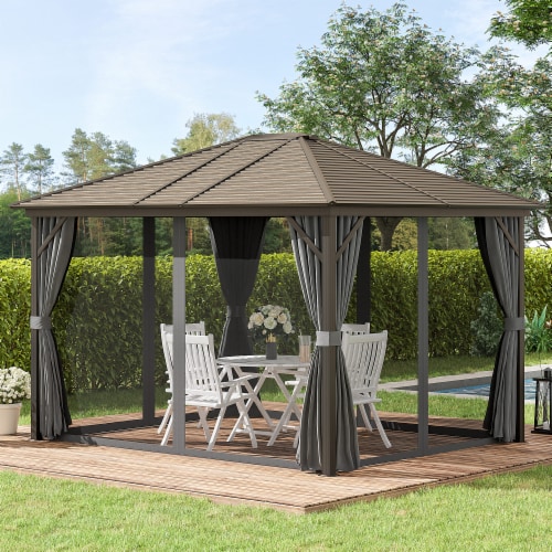 10'x12' Hardtop Gazebo, Mesh, Curtains, Steel Slat Canopy, Outdoor Events, Dark Grey Perspective: bottom