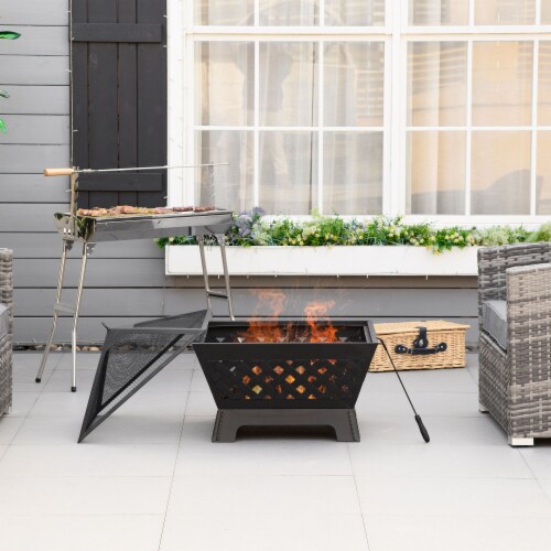 Outdoor Fire Pit Bonfire w/Spark Screen Lid & Poker Backyard Patio, Black Perspective: bottom