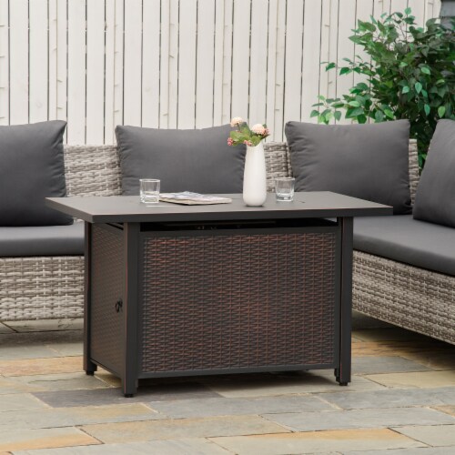 Outvita Fire Pit Table, 43" 50,000 BTU Rectangle Metal Propane Fire Table With Lid, Lava Rocks, Waterproof Dust Cover And Glass Wind Guard For Garden