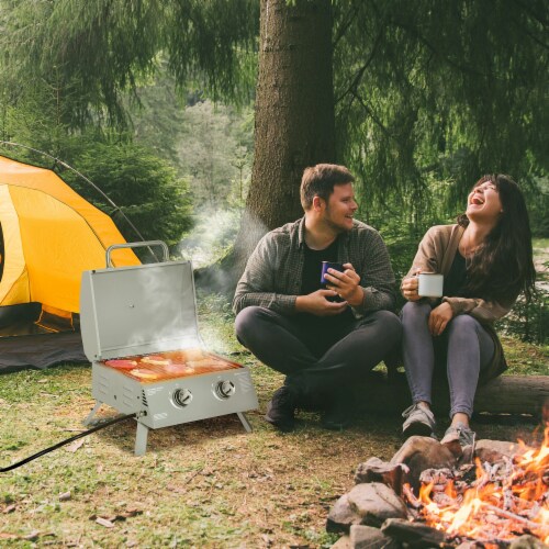 2 Burner Folding Tabletop Gas BBQ Grill w/ Lid, Thermometer, Carbon Steel, Grey Perspective: bottom