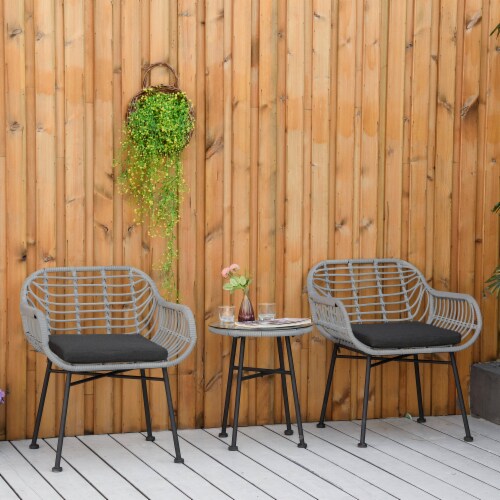 3-Piece Rattan Bistro Outdoor Table & Chairs Furniture Patio Set, Garden, Grey Perspective: bottom
