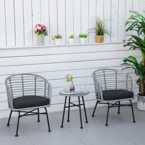 3-Piece Rattan Bistro Outdoor Table & Chairs Furniture Patio Set, Garden, Grey Perspective: bottom