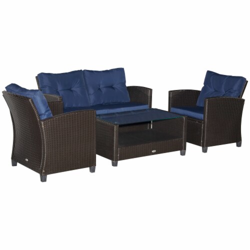 4 PC Outdoor Patio Conversation Sectional Set w/ Sofa & Coffee Table, Blue Perspective: bottom
