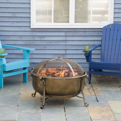 Steel Wood Burning Fire Pit Grill 37 , Poker, Lid, BBQ Cooking Grate, Camping Perspective: bottom