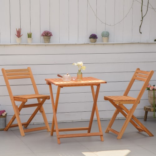 3pc Patio Bistro Set, Folding Garden Furniture, Wooden Chairs, Table, Teak Perspective: bottom