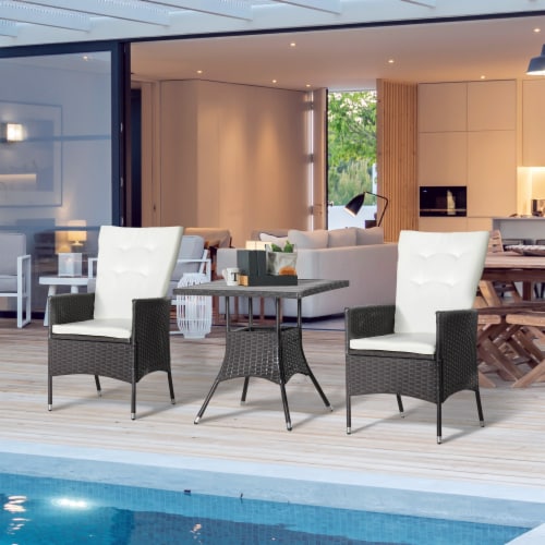 3pcs Patio Reclining Chair Set Rattan Wicker Furniture, Armchairs, Table, White Perspective: bottom