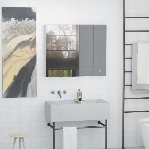 LED Lighted Mirror Cabinet Wall-Mounted Bathroom Organizer w/ Touch Switch Perspective: bottom