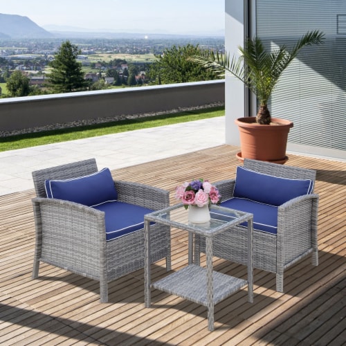 3pc Patio Bistro Set Rattan Wicker Furniture, 2 Armchairs, Table, Shelf, Blue Perspective: bottom