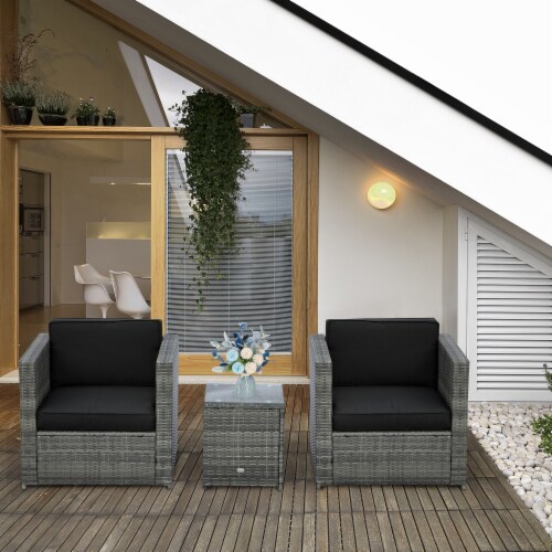 3pc Patio Bistro Set Rattan Wicker Furniture, 2 Armchairs, Table, Black Perspective: bottom